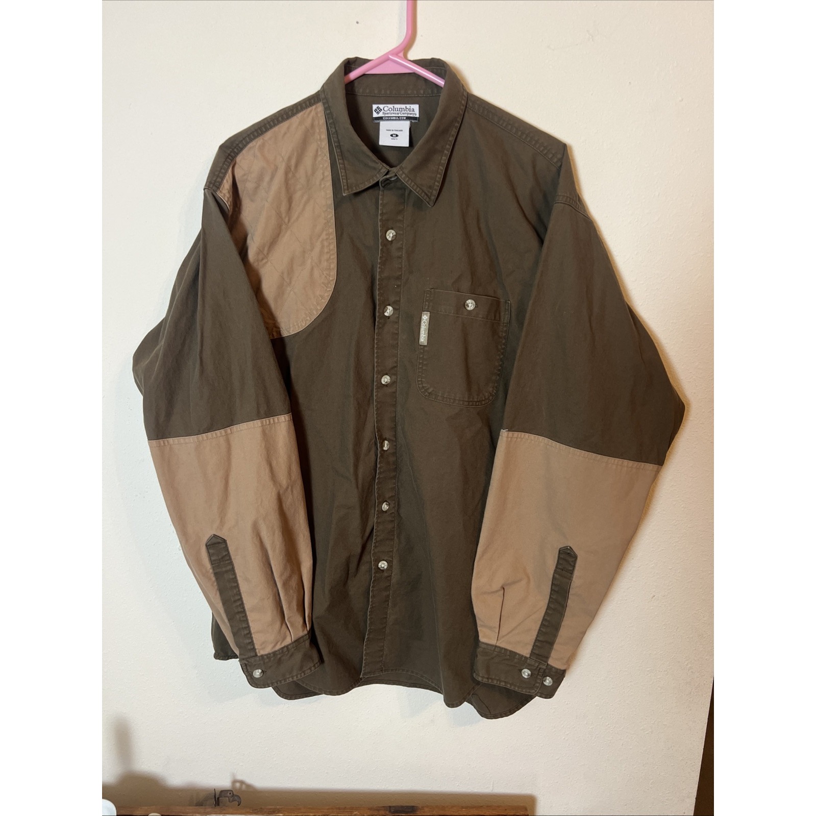 Columbia Mens Hunting Shirt Size M Twotone Taupe  Green Heavy Duty Cotton Ls